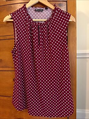 NY&co Sleeveless Burgundy Polka Dot Ruffle-Neck Blouse